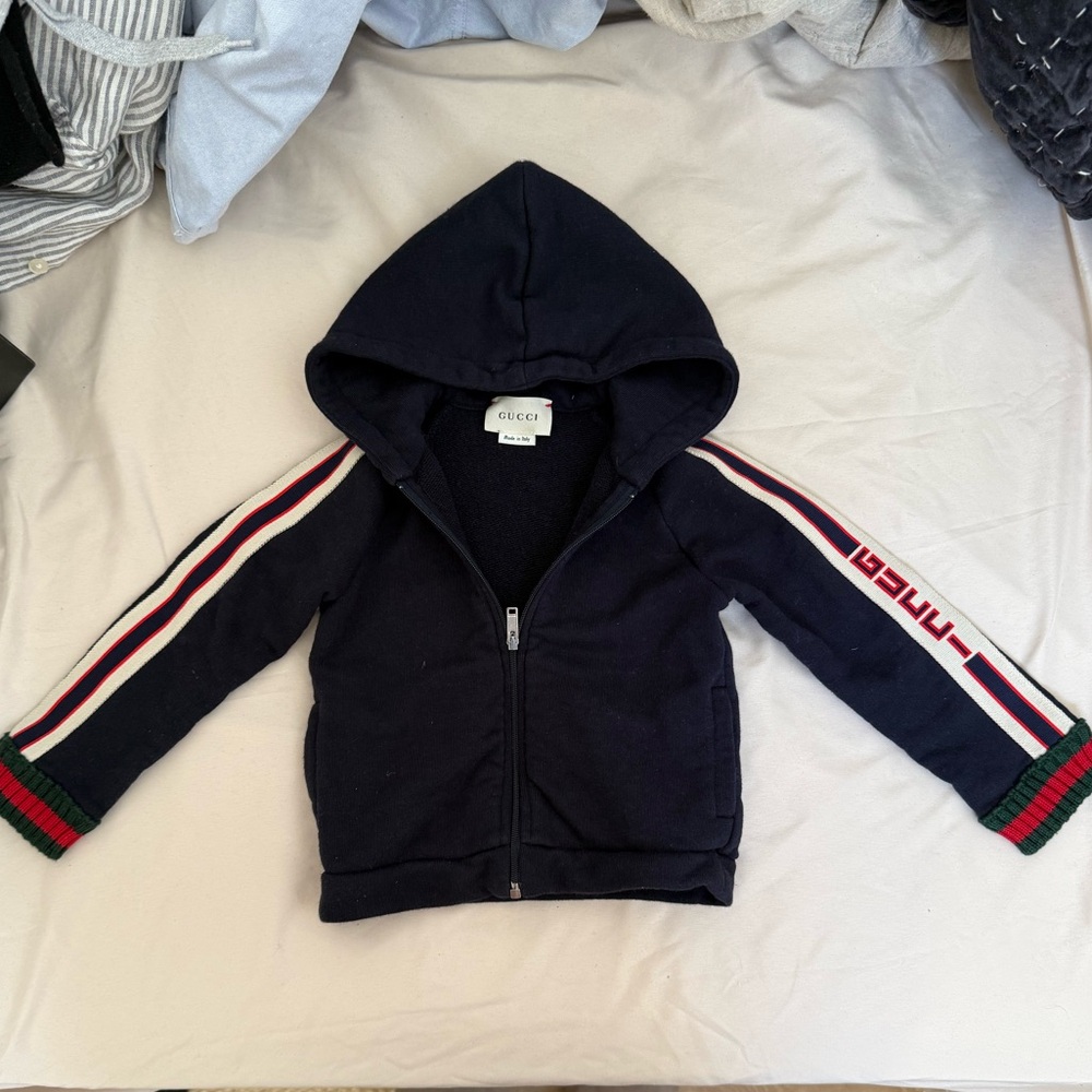 Gucci Kids Navy Zip-Up Hoodie with Stripes